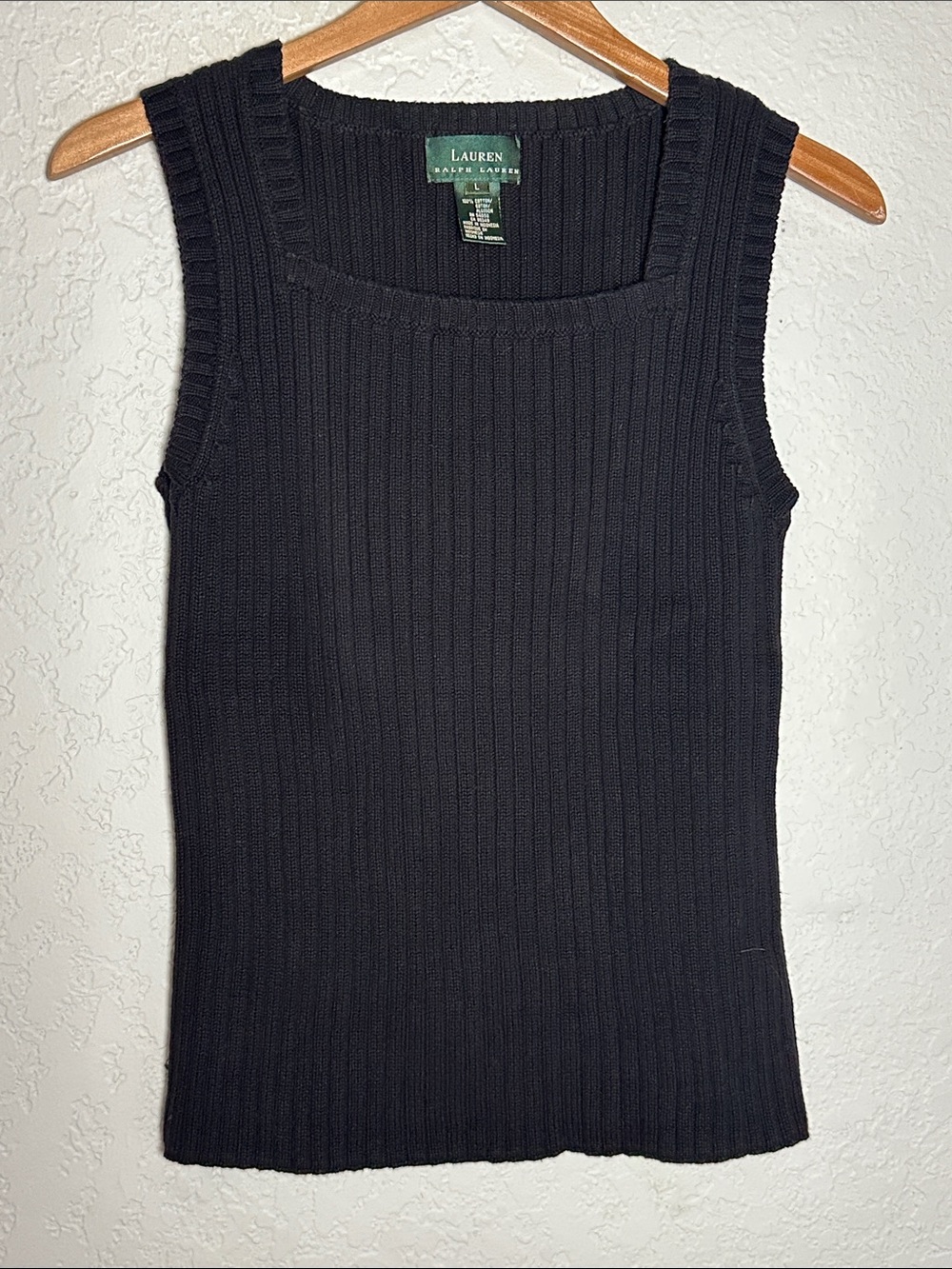 Vintage Ralph Lauren Black Ribbed Sweater Tank Top Square Neck Preppy Minimalist